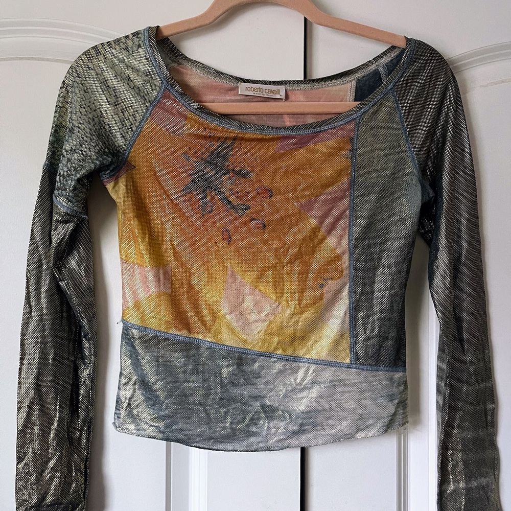 Roberto Cavalli Floral and Gray Long Sleeve Tee